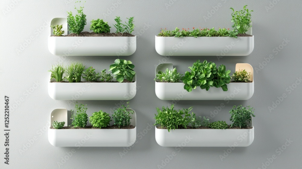 Obraz premium A stylish indoor setup with vertical vegetable planters mounted on a living room wall. 