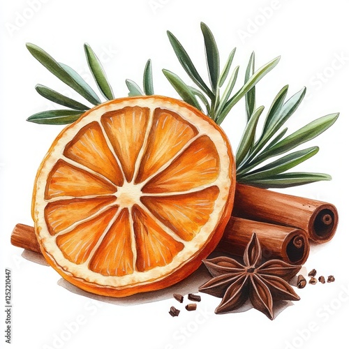 Watercolor Illustration of Dried Orange Slice with Cinnamon Sticks Star Anise and Rosemary Twigs for Holiday Decor