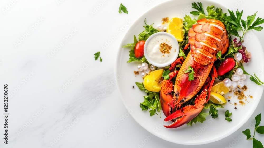 Fresh Lobster on a Bed of Greens with Lemon and Sauce Garnish Fresh Lobster on a Bed of Greens with Lemon and Sauce Garnish