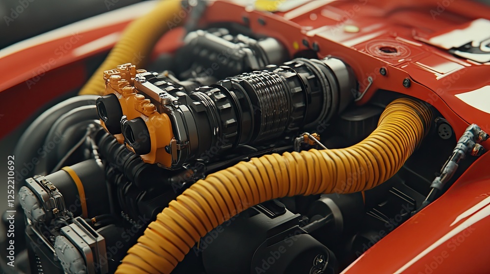 Fototapeta premium A detailed view of a cooling system hose with coolant being added into it.