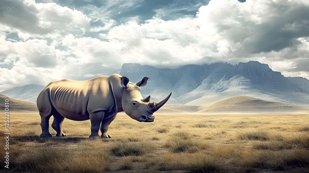 Obraz premium A majestic rhinoceros standing proudly in the African savannah, surrounded by vast landscapes of mountains and clouds. The photorealistic, hyperrealistic image captures the grandeur