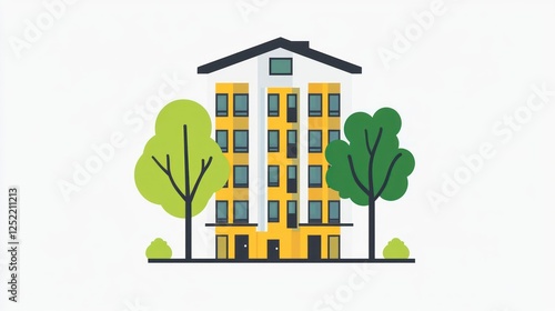 Modern apartment building illustration, urban landscape, simple design, background trees photo