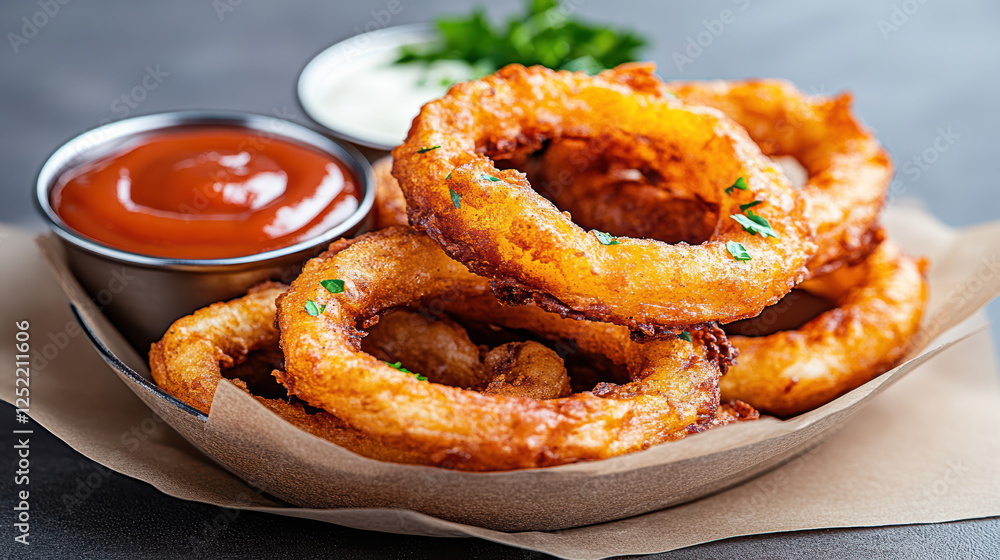 Crispy golden brown onion rings served with ketchup and dipping sauce Crispy golden brown onion rings served with ketchup and dipping sauce