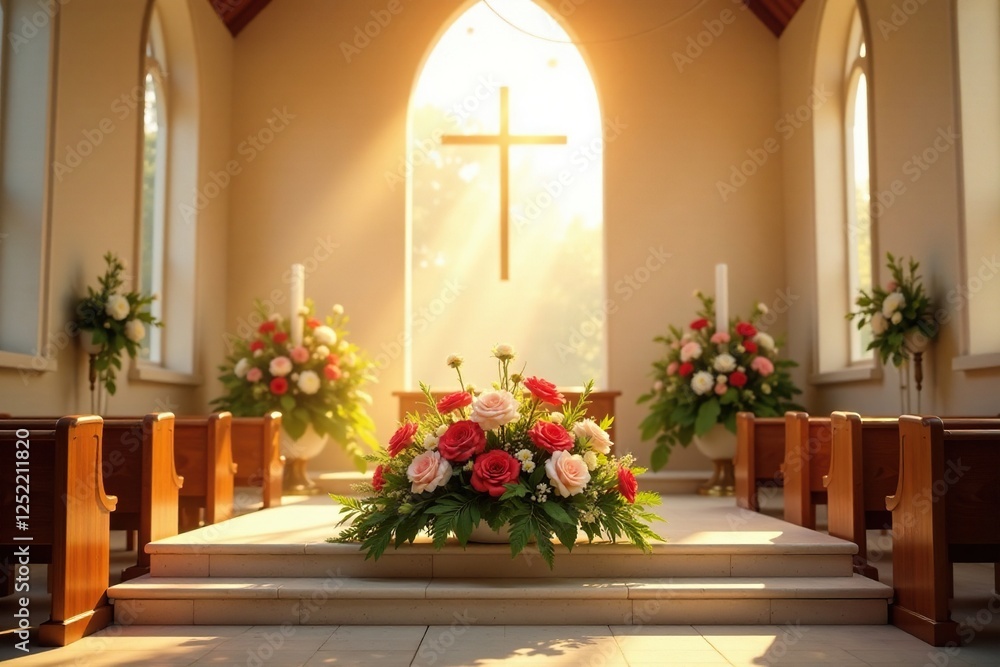 Sunlit flower arrangements on the pulpit of a chapel, chapel decor, funeral decor, white Sunlit flower arrangements on the pulpit of a chapel, chapel decor, funeral decor, white