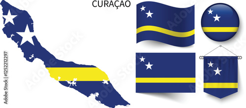 The different designs of Curacao's national flags and the map showing Curacao's borders