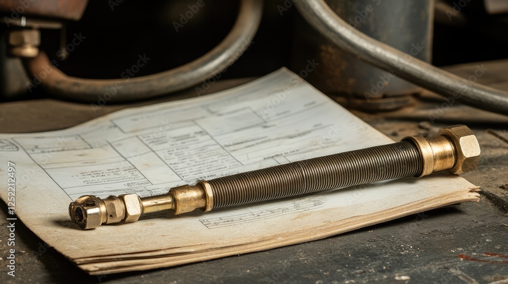 Naklejka premium A hose removal tool resting on top of a plumbing manual in a workshop.