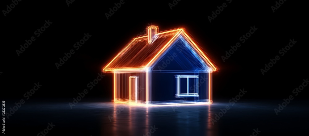 A glowing neon house outline stands out in the dark A glowing neon house outline stands out in the dark