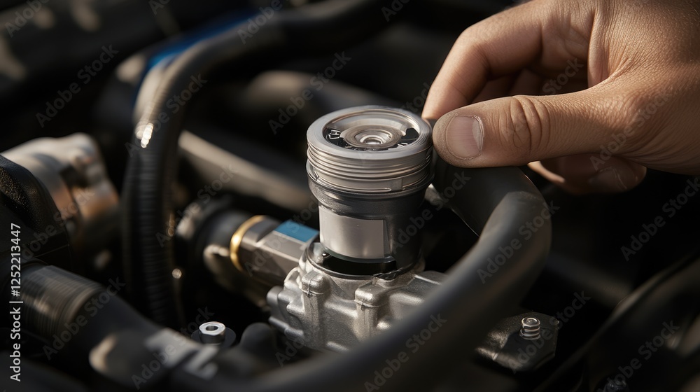 A mechanic placing the radiator cap back after topping off the coolant. A mechanic placing the radiator cap back after topping off the coolant.