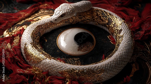 A white snake adorned with gold encircles a yin yang symbol