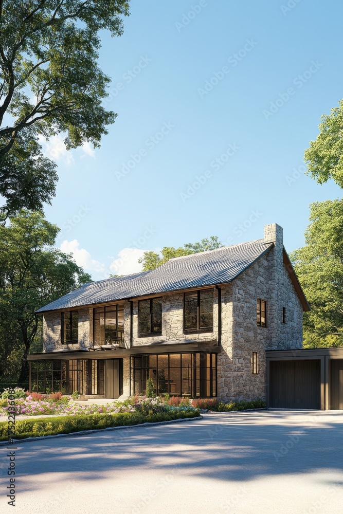 The contemporary stone house showcases expansive windows that invite natural light, surrounded by beautifully landscaped gardens in a peaceful suburban area, all under the soft light of day The contemporary stone house showcases expansive windows that invite natural light, surrounded by beautifully landscaped gardens in a peaceful suburban area, all under the soft light of day