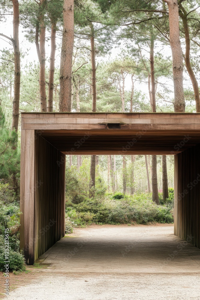 Natural wood structure located in a serene forest under tall green trees inviting visitors to explore the peaceful surroundings on a calm afternoon Natural wood structure located in a serene forest under tall green trees inviting visitors to explore the peaceful surroundings on a calm afternoon