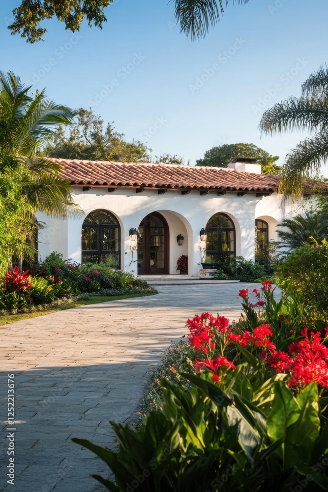 Fototapeta premium A delightful white house nestled amidst vibrant gardens filled with colorful blooms, creating a picturesque and peaceful atmosphere on a bright, sunny day