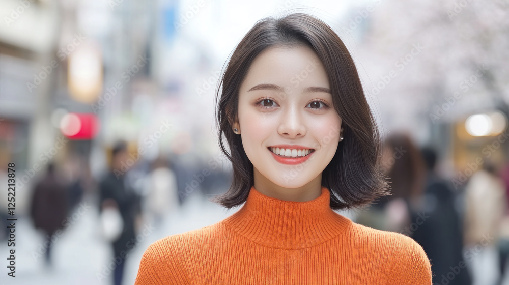 Chinese woman in necks long sleeves smiling enjoying spring at street with cherry blossom Chinese woman in necks long sleeves smiling enjoying spring at street with cherry blossom