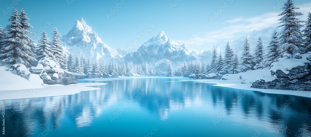 Obraz premium Reflective winter lake surrounded by snow covered mountains and trees