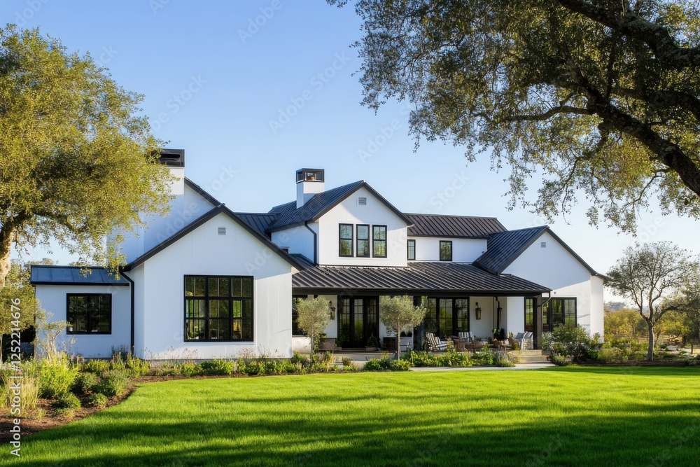 The modern farmhouse design showcases breathtaking architecture paired with beautifully landscaped gardens, all set against a backdrop of a clear blue sky The modern farmhouse design showcases breathtaking architecture paired with beautifully landscaped gardens, all set against a backdrop of a clear blue sky