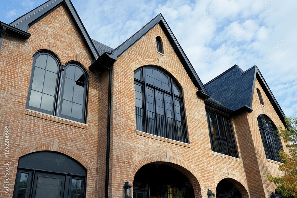 Beautiful brick building with large windows and elegant architecture set against a bright sky during the day in a suburban area Beautiful brick building with large windows and elegant architecture set against a bright sky during the day in a suburban area