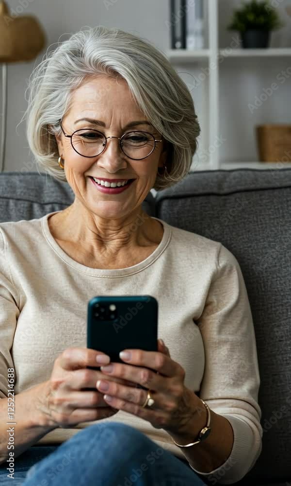Happy senior woman uses smartphone while sitting on sofa. Happy senior woman uses smartphone while sitting on sofa.