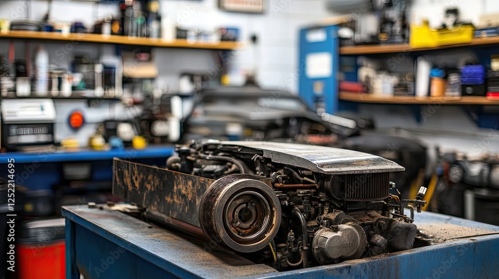 Fototapeta premium A removed fan belt hanging beside an engine ready for a new installation.