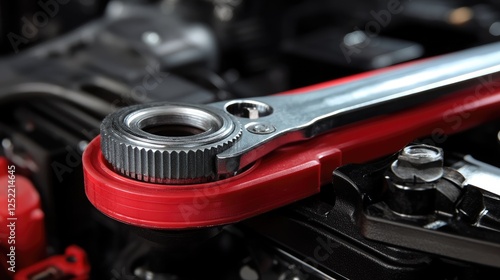 A pulley tensioner being adjusted with a ratchet tool inside an engine bay. photo