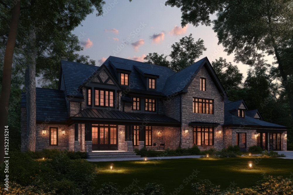 An elegant stone house, enveloped by lush greenery, glows warmly in the evening light, with its illuminated windows casting a soft glow in the yard An elegant stone house, enveloped by lush greenery, glows warmly in the evening light, with its illuminated windows casting a soft glow in the yard