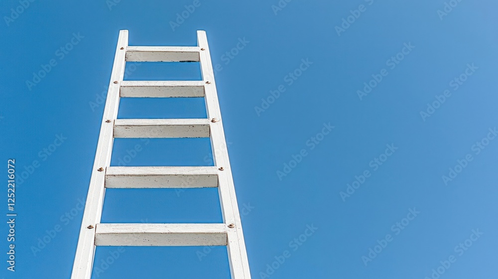 White Wooden Ladder Against Bright Blue Sky White Wooden Ladder Against Bright Blue Sky