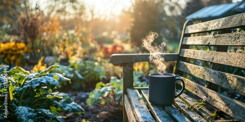 A winter vegetable garden with cold-weather crops and a steaming mug of tea resting on a bench 
