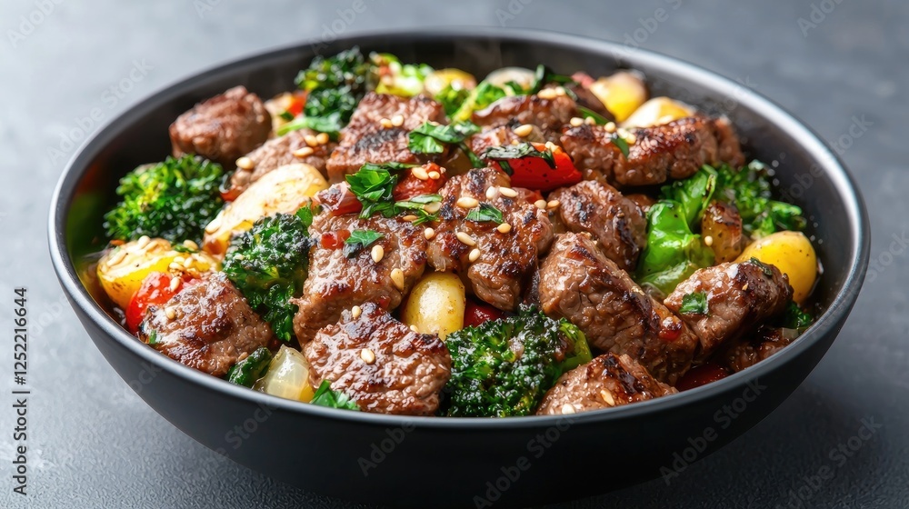 Beef stir-fry with broccoli in black bowl Beef stir-fry with broccoli in black bowl
