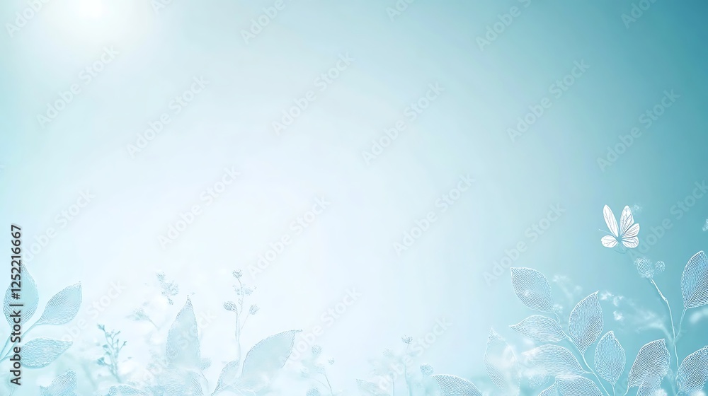 Fototapeta premium Serene Blue Landscape Featuring Delicate Flora and Butterfly