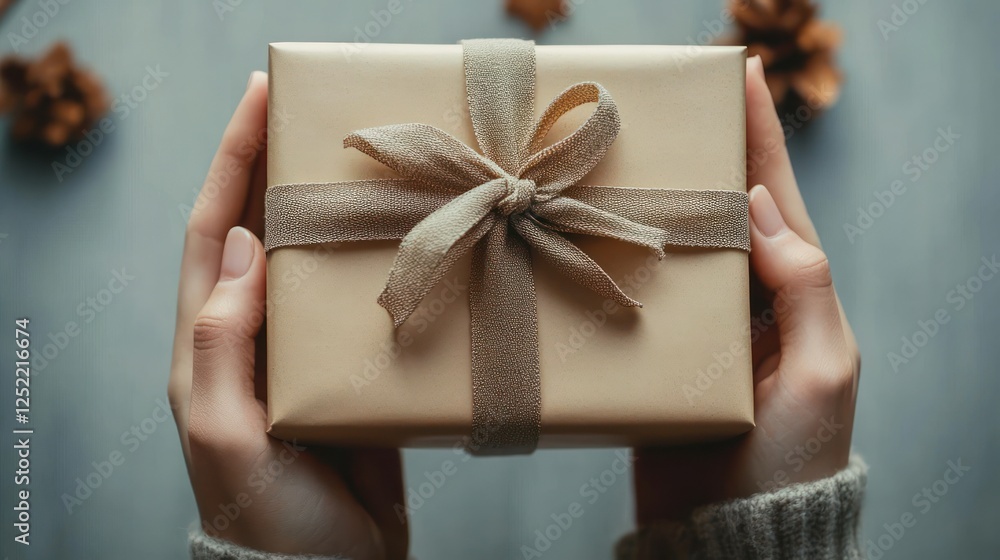 Minimalist soft-focused image of gift box in delicate hands top view natural light Scandinavian design Minimalist soft-focused image of gift box in delicate hands top view natural light Scandinavian design