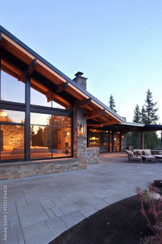 Modern cabin exterior featuring stone and wood design with large glass windows surrounded by evergreen trees during twilight Modern cabin exterior featuring stone and wood design with large glass windows surrounded by evergreen trees during twilight
