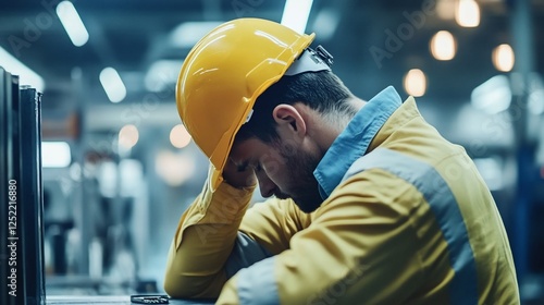 Exhausted industrial worker in factory wearing a safety helmet rests his head on hands