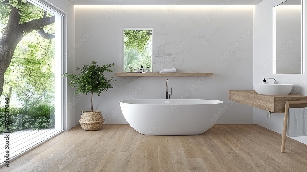 Modern bathroom with garden view. Interior design. Possible use for home decor, architecture, or interior design magazines Modern bathroom with garden view. Interior design. Possible use for home decor, architecture, or interior design magazines