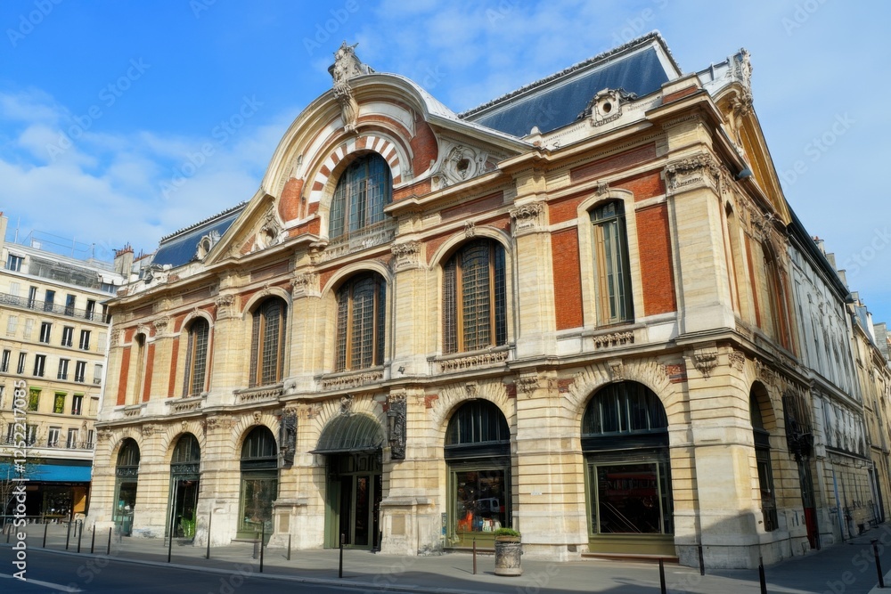 Historic building exhibiting beautiful architecture with intricate details, located in a vibrant city environment under a clear blue sky Historic building exhibiting beautiful architecture with intricate details, located in a vibrant city environment under a clear blue sky