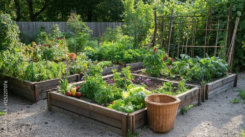 A young woman harvesting vegetables in a raised bed garden with a basket by her side. 