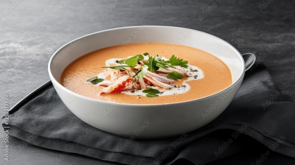 Creamy Tomato Basil Soup with Garnish and Fresh Herbs in Bowl Creamy Tomato Basil Soup with Garnish and Fresh Herbs in Bowl