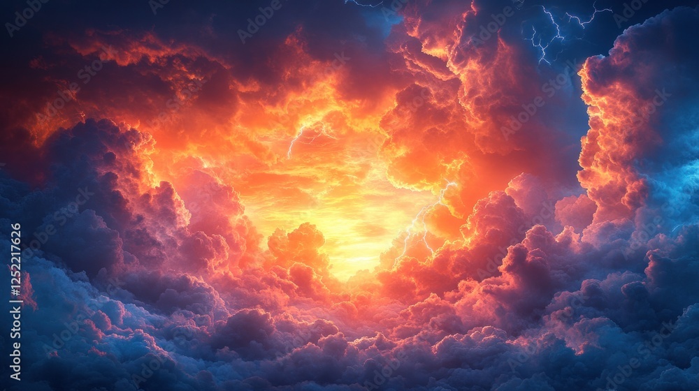 Dramatic stormy sky with lightning dark clouds and vibrant orange hues sun peeking through weather background Dramatic stormy sky with lightning dark clouds and vibrant orange hues sun peeking through weather background