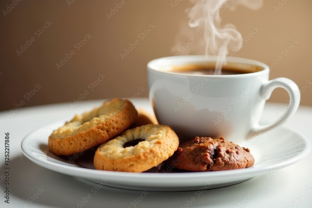Steaming coffee, assorted cookies on white plate, bright, baked goods Steaming coffee, assorted cookies on white plate, bright, baked goods