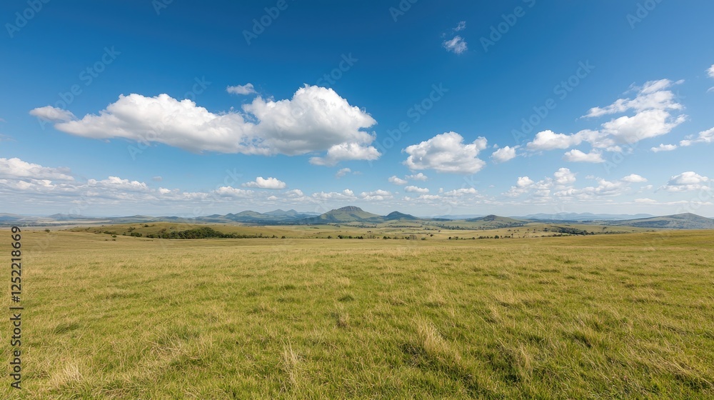 Serengeti-like plains under a blue sky, vast grasslands, distant hills, ideal for travel brochures Serengeti-like plains under a blue sky, vast grasslands, distant hills, ideal for travel brochures