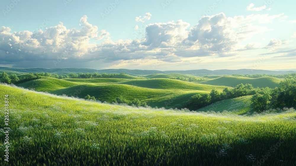 Obraz premium Tranquil Green Hills Serene Landscape Soft Brush Strokes Dappled Sunlight Impressionism