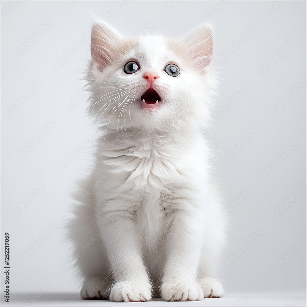 White kitten looking surprised on white background. White kitten looking surprised on white background.