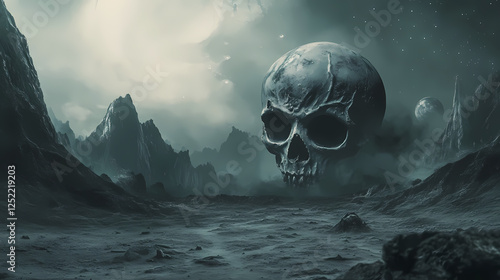 Mysterious alien landscape with skullshaped celestial body. Cursed Celestial Bodies. Illustration photo