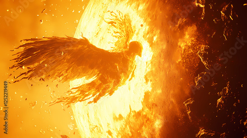 Mythical moment: icarus soaring close to the sun with melting wax wings - with copy space and selective focus. Cursed Celestial Bodies. Illustration