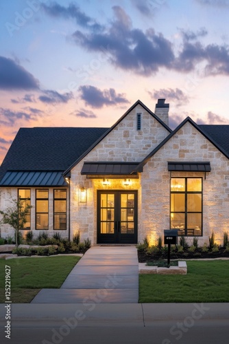Beautiful modern stone house with large windows and warm illumination at dusk in a tranquil suburban neighborhood highlighting residential architecture