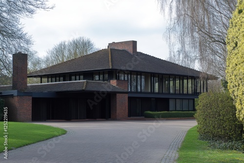 Wallpaper Mural Modern architectural design featuring a spacious brick house surrounded by greenery, set in a tranquil neighborhood with a cloudy sky Torontodigital.ca
