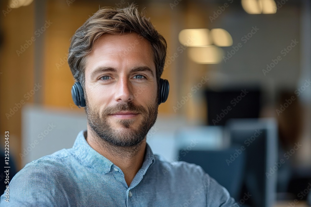 Close-up photo of a serious young man in headset at office laptop holding glasses looking focused Close-up photo of a serious young man in headset at office laptop holding glasses looking focused