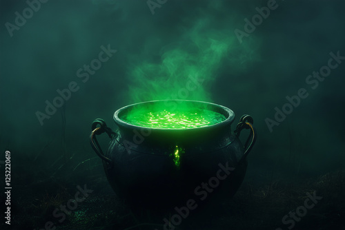 Cauldron with green glowing potion isolated on a dark foggy background