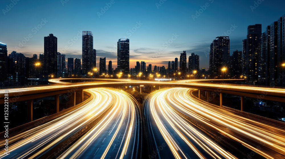 vibrant cityscape at dusk with illuminated highways and skyscrapers vibrant cityscape at dusk with illuminated highways and skyscrapers