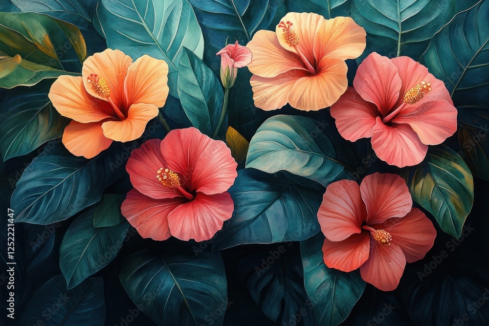 custom made wallpaper toronto digitalTropical Hibiscus and Anthurium Flowers with Green Leaves in Watercolor Style