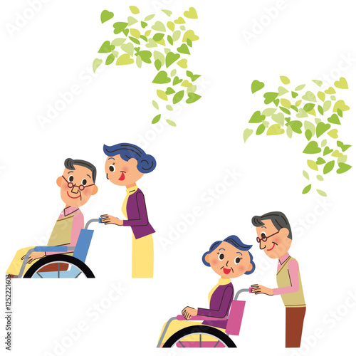 新緑の下を老夫婦が話しながら散歩している