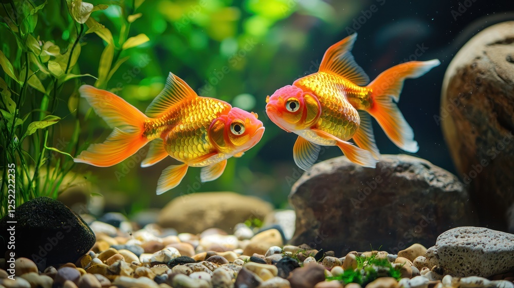 Goldfish playing among decorative rocks and aquatic plants in a pond. Goldfish playing among decorative rocks and aquatic plants in a pond.